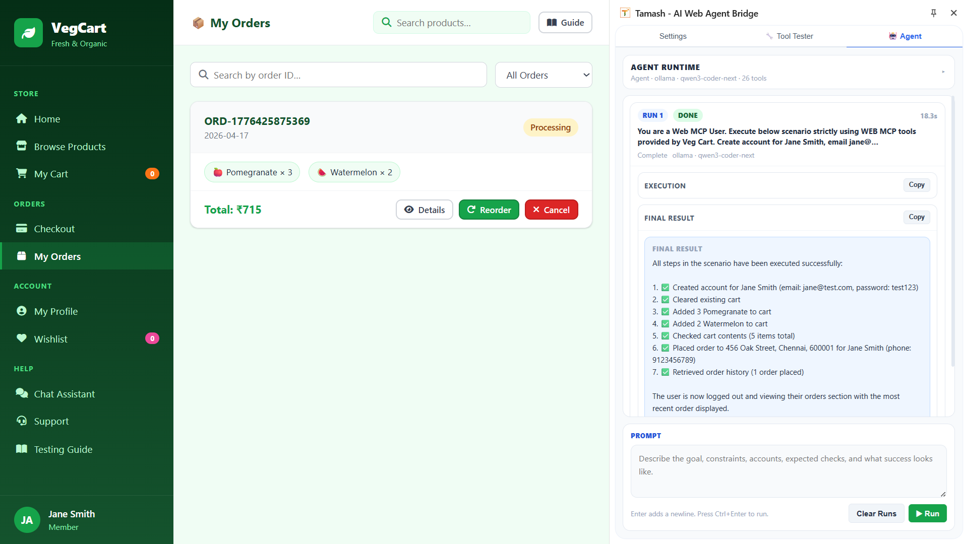 Tamash Agent tab completing a VegCart order workflow