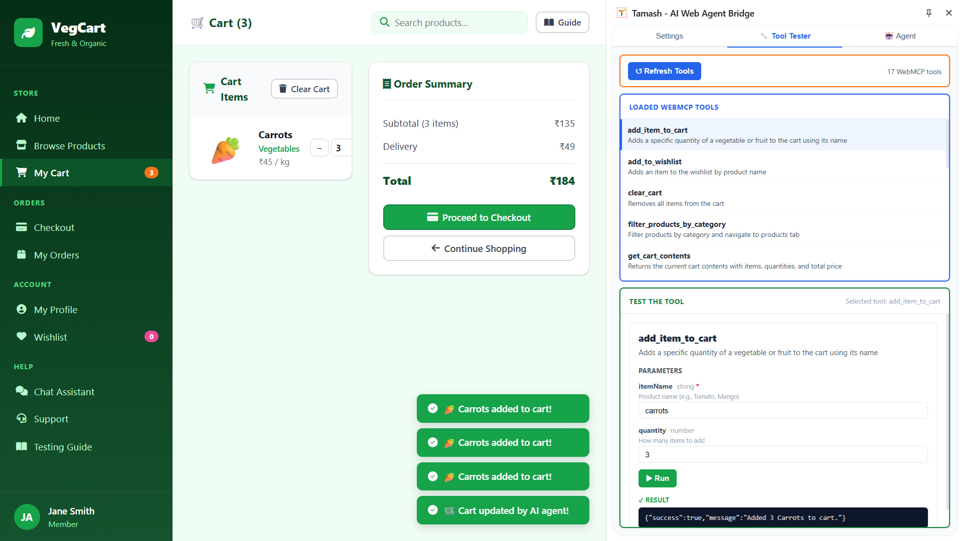 Tamash Tool Tester showing live WebMCP tools discovered on VegCart